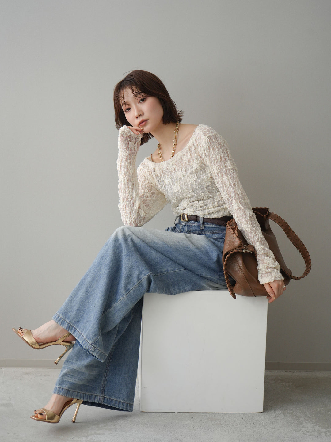 [予約]サイドギャザーレーストップス/ivory