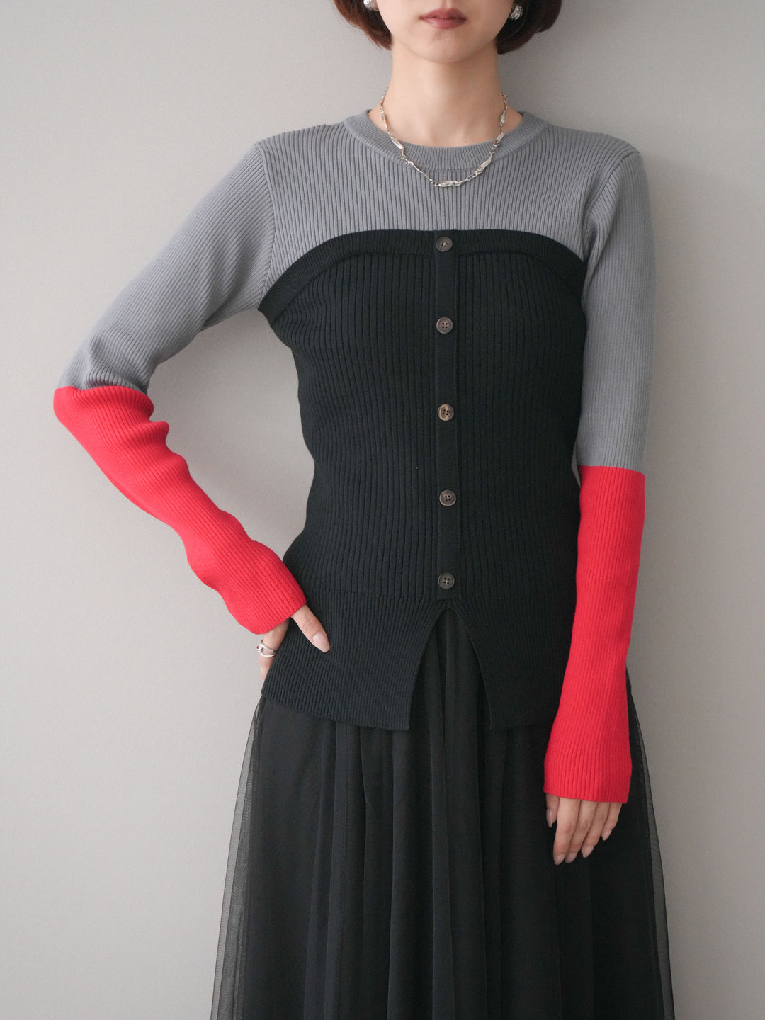 [SET]配色ビスチェドッキングリブニットトップス+選べるアクセセット(2set)