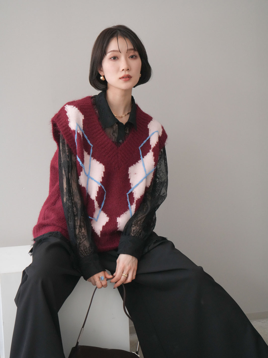 [SET]アーガイルVネックニットベスト+選べるアクセセット(2set)