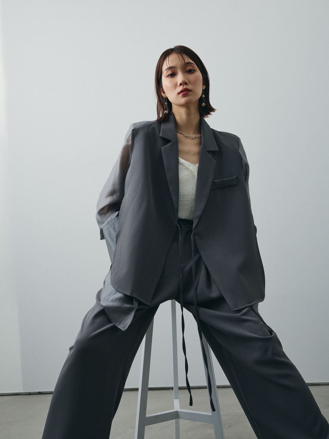 [SET]シアー切替テーラードジャケット+リネンライクカシュクールデザインビスチェ+2タックワイドパンツ(3set)