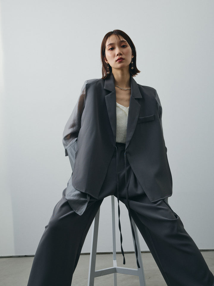 [SET]シアー切替テーラードジャケット+リネンライクカシュクールデザインビスチェ+2タックワイドパンツ(3set)