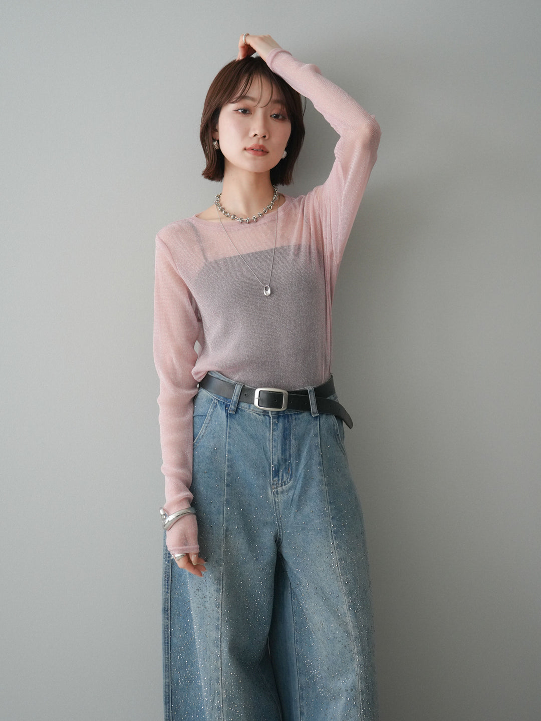 [予約]ラメシアークルーネックトップス/pink