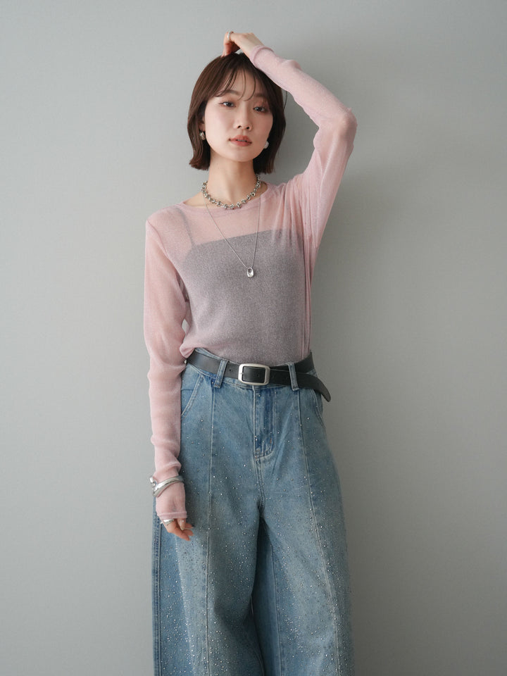 [予約]ラメシアークルーネックトップス/pink