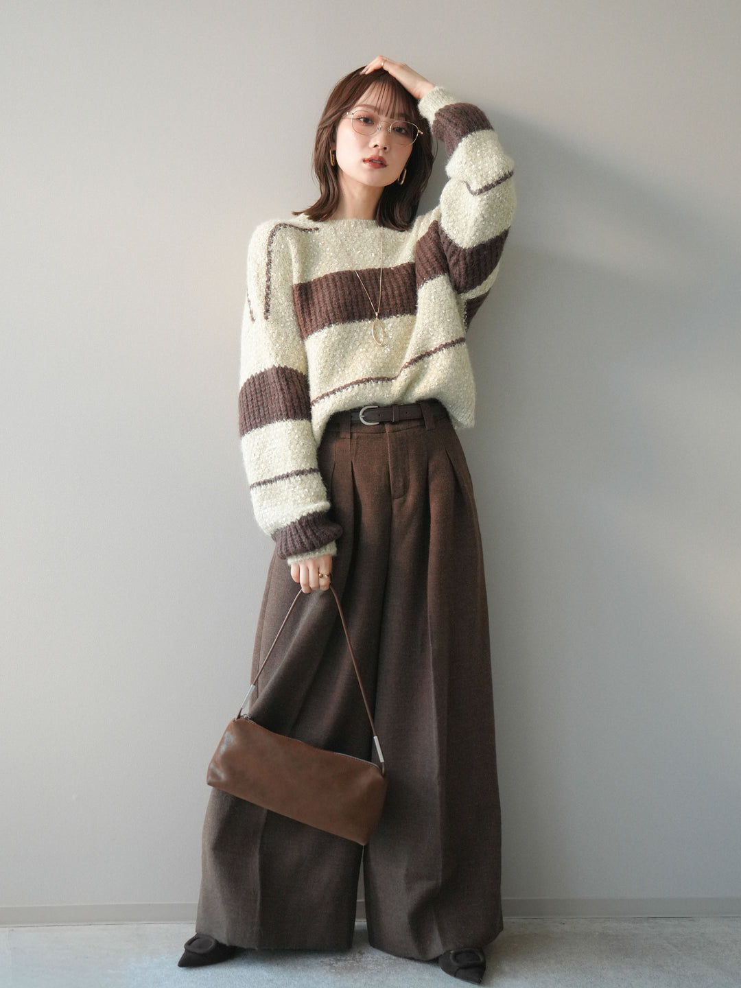 [SET]ネップヤーンボーダーニットプルオーバー+ウールタッチベルト付ワイドパンツ(2set)