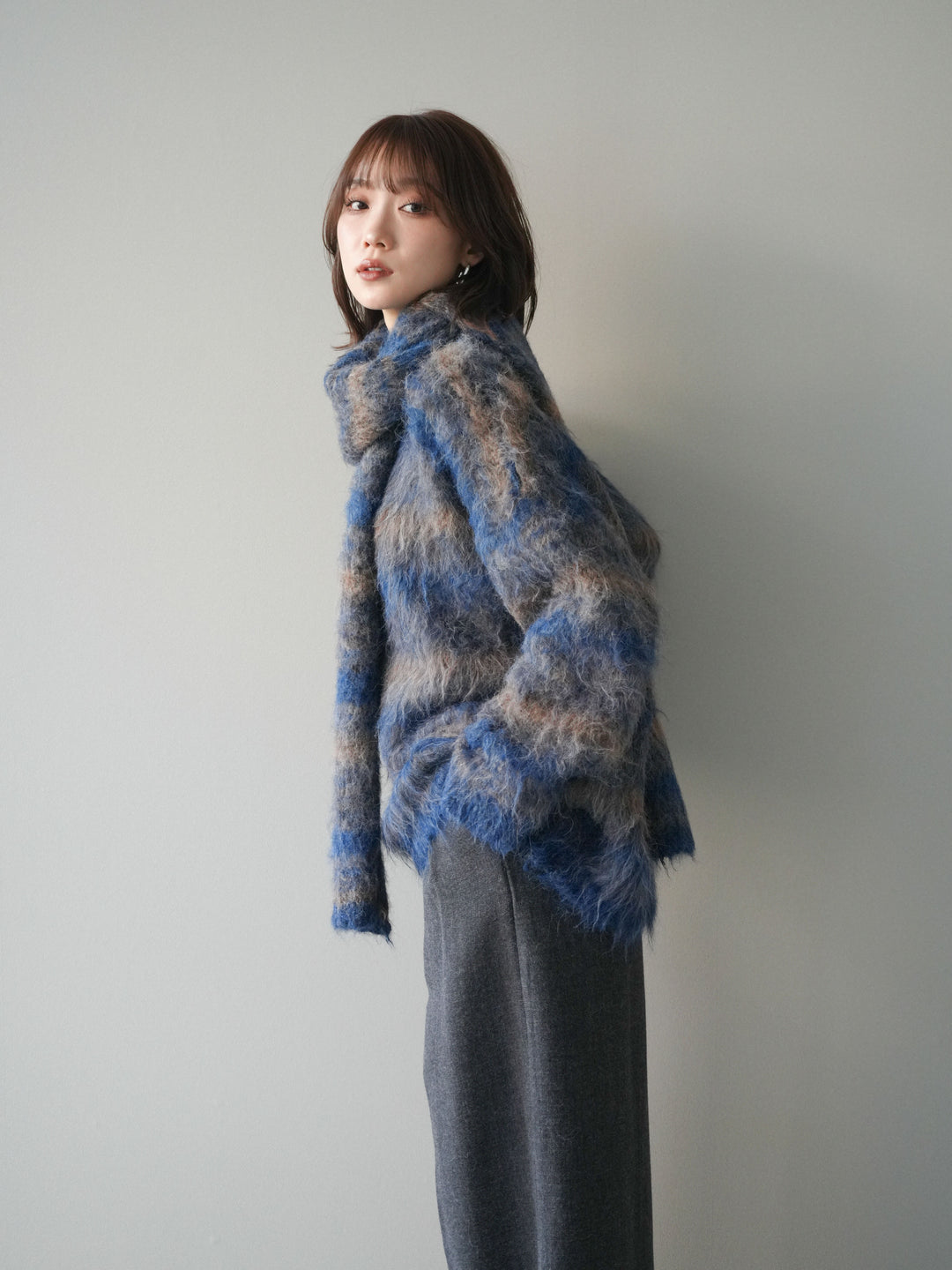 [予約]ストール付シャギーマルチボーダーニットプルオーバー/blue