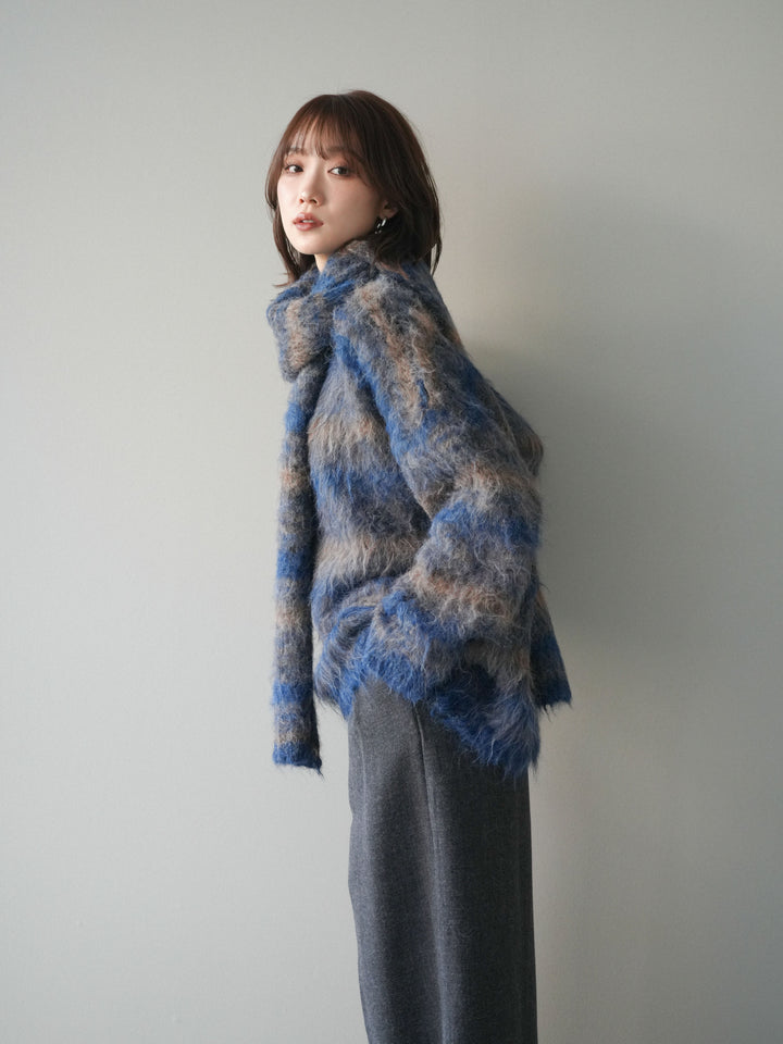 [予約]ストール付シャギーマルチボーダーニットプルオーバー/blue