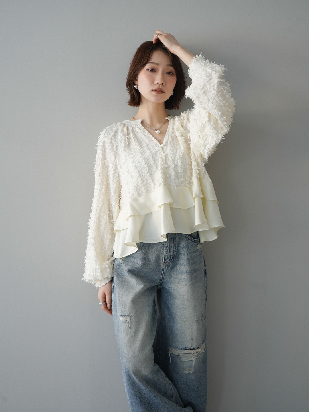 [SET]ジャガードぺプラムフリルブラウス+ダメージデニムセミワイドパンツ(2set)