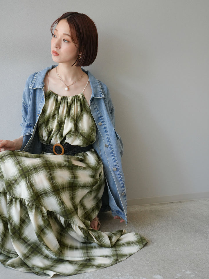 [SET]ベルト付チェックノースリーブワンピース+ビンテージデザインBIGデニムジャケット(2set)