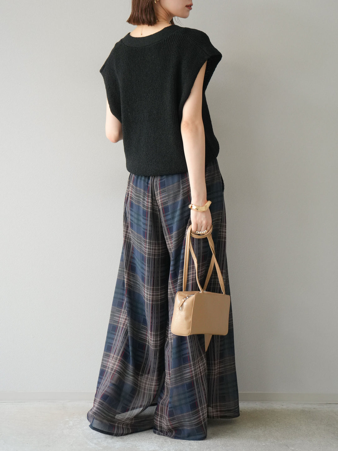 [預購] 透視格紋寬鬆褲/藏青色