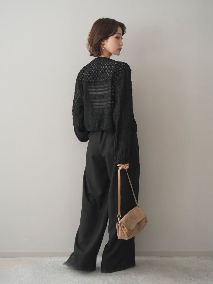 [SET]パッチワークシアーフリルブルゾン+ベルト付キーホルダーモチーフワイドパンツ(2set)