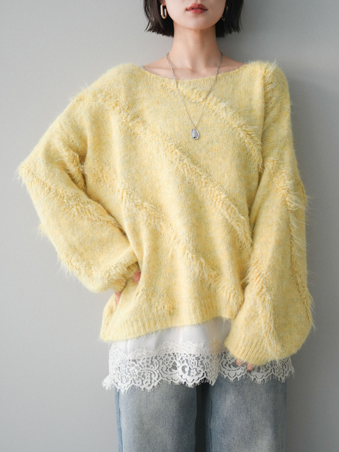 [予約]シャギーデザインニットプルオーバー/yellow