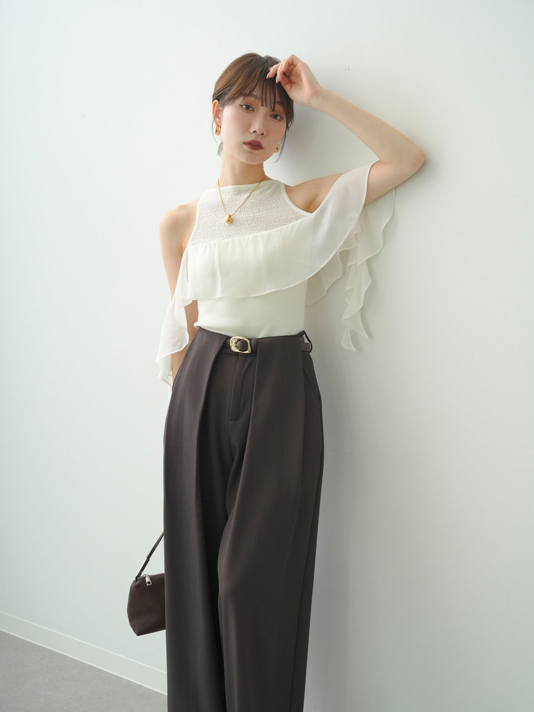 [予約]シフォンフリルドッキングノースリニットトップス/ivory