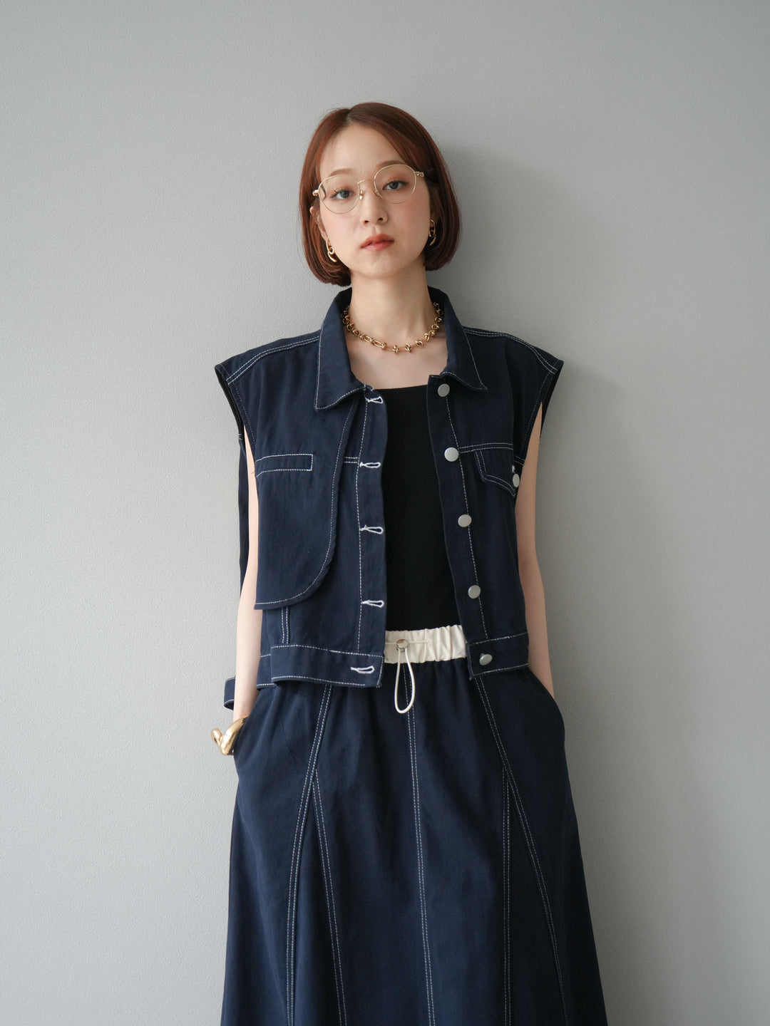 [SET]ステッチコットンツイルベスト＆スカートSET UP(2set)