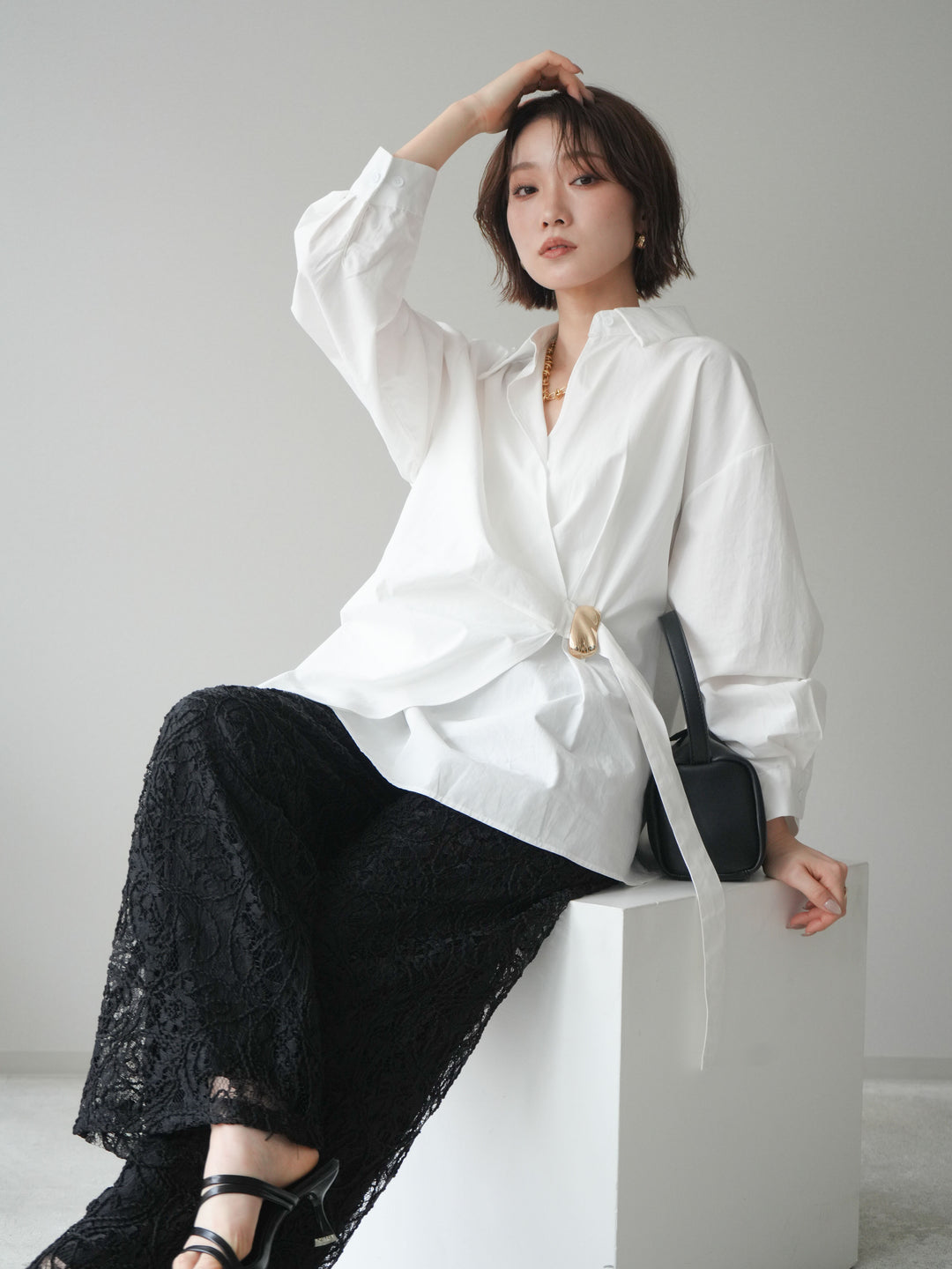 [SET]メタルパーツドレープシャツ+シアーコードレースイージーパンツ(2set)