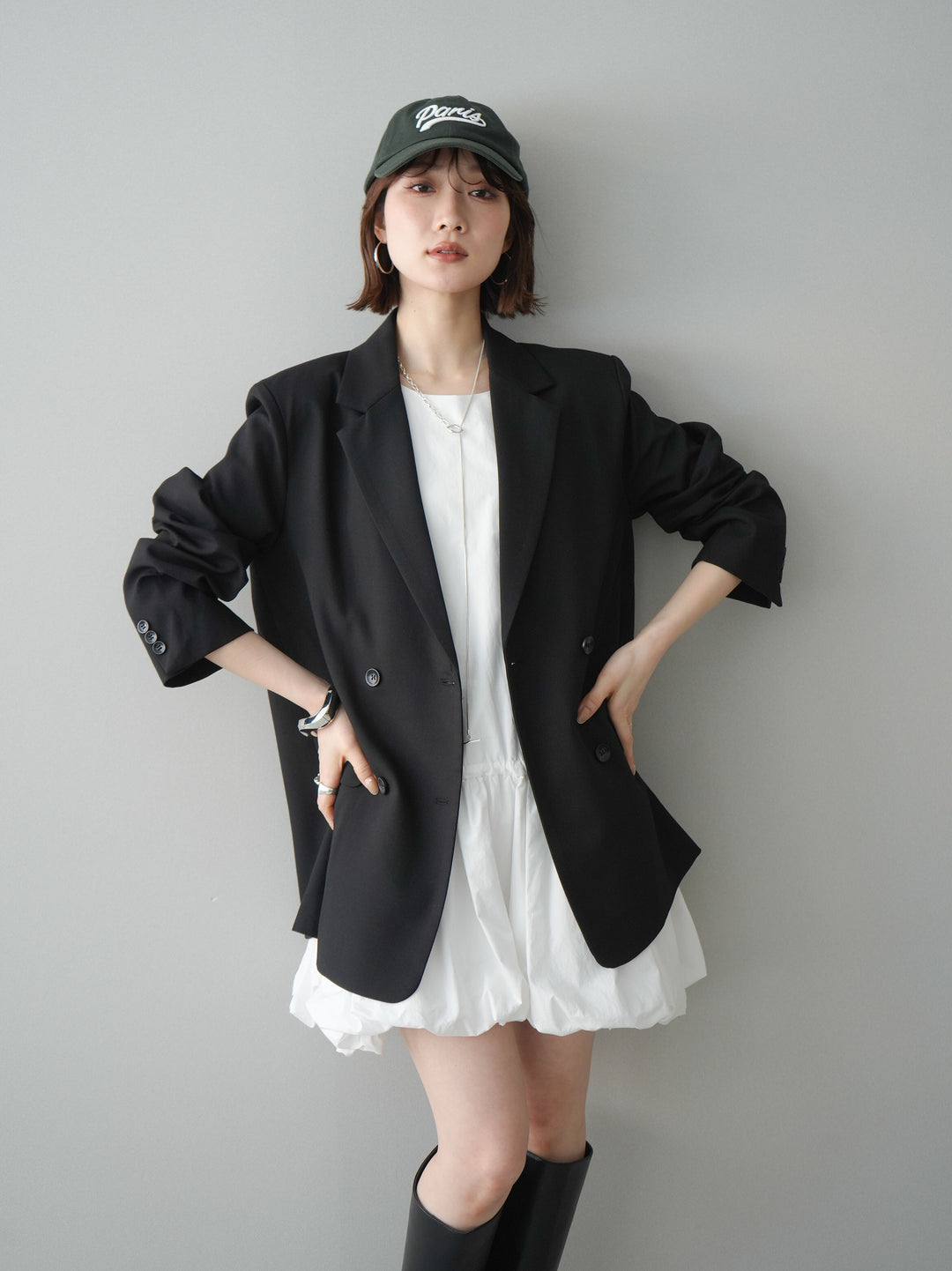 [SET]ノースリバルーンミニワンピース+ダブルブレストオーバージャケット(2set)