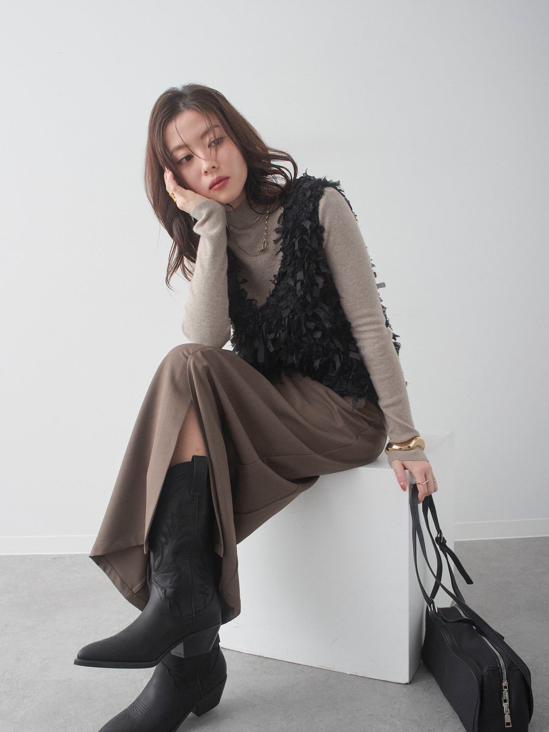 [SET]リボンフリンジベスト+クレープデシンフラップ付きストレートスカート(2set)