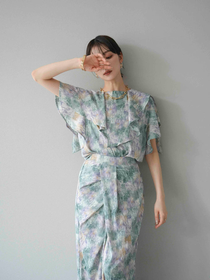 [予約]水彩アートラッフルカラーブラウス/グリーン