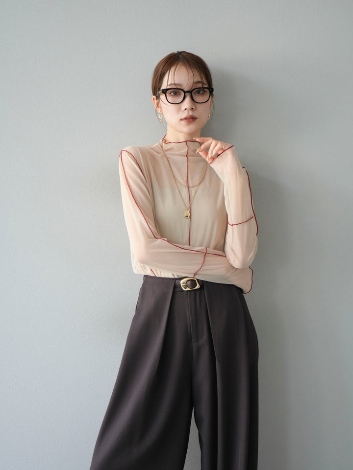 [予約]シアーパイピングカットソー/グレージュ×レッド