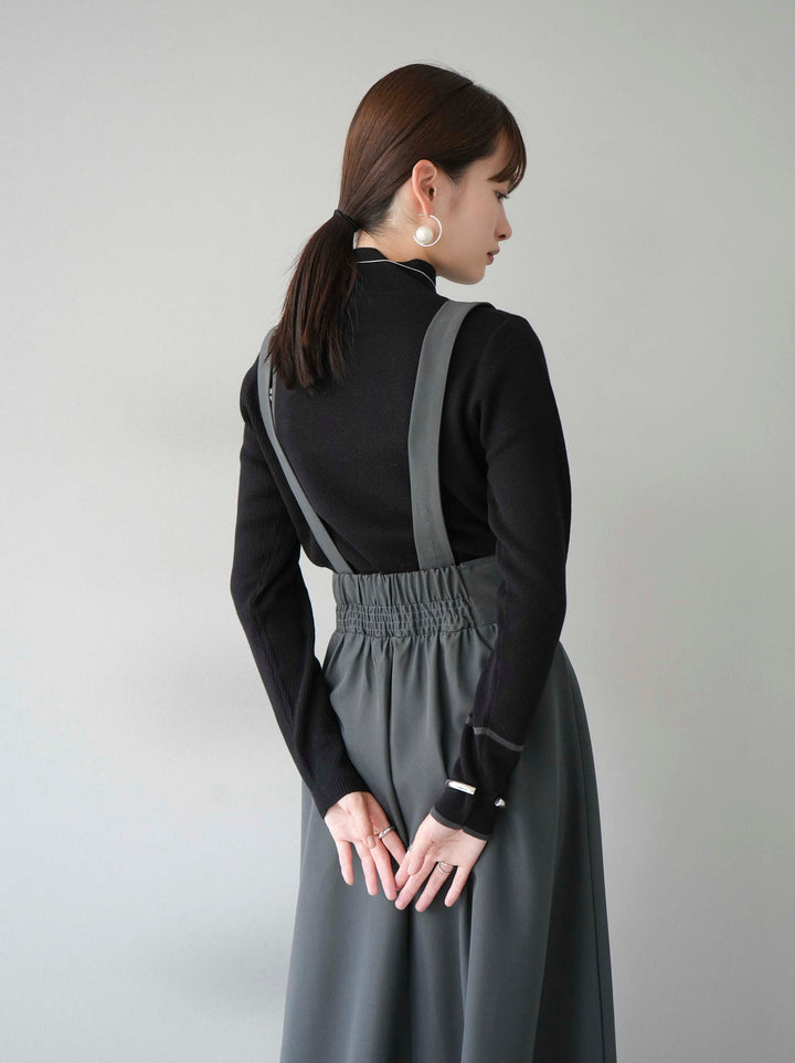 [予約]ボトルネック配色デザインボタンニットトップス/ブラック