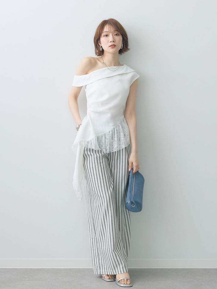 [SET]アシンメトリーラッフルレースヘムトップス+エプロン巻ストライプワイドパンツ(2set)