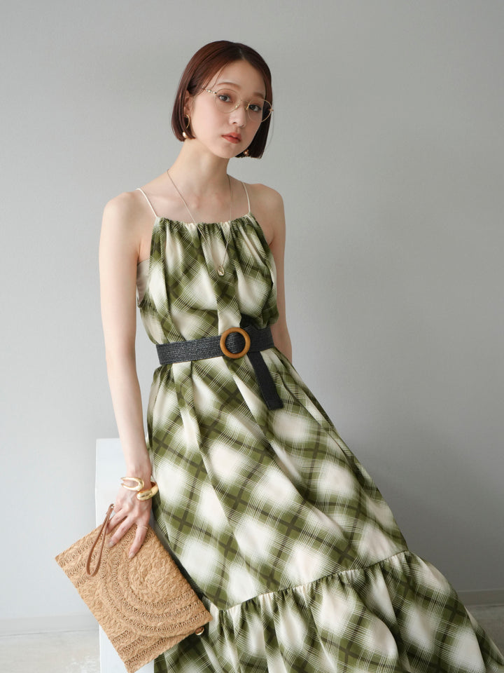 [SET] 繫腰帶格紋無袖連身裙 + 可選飾品套裝（2 套）