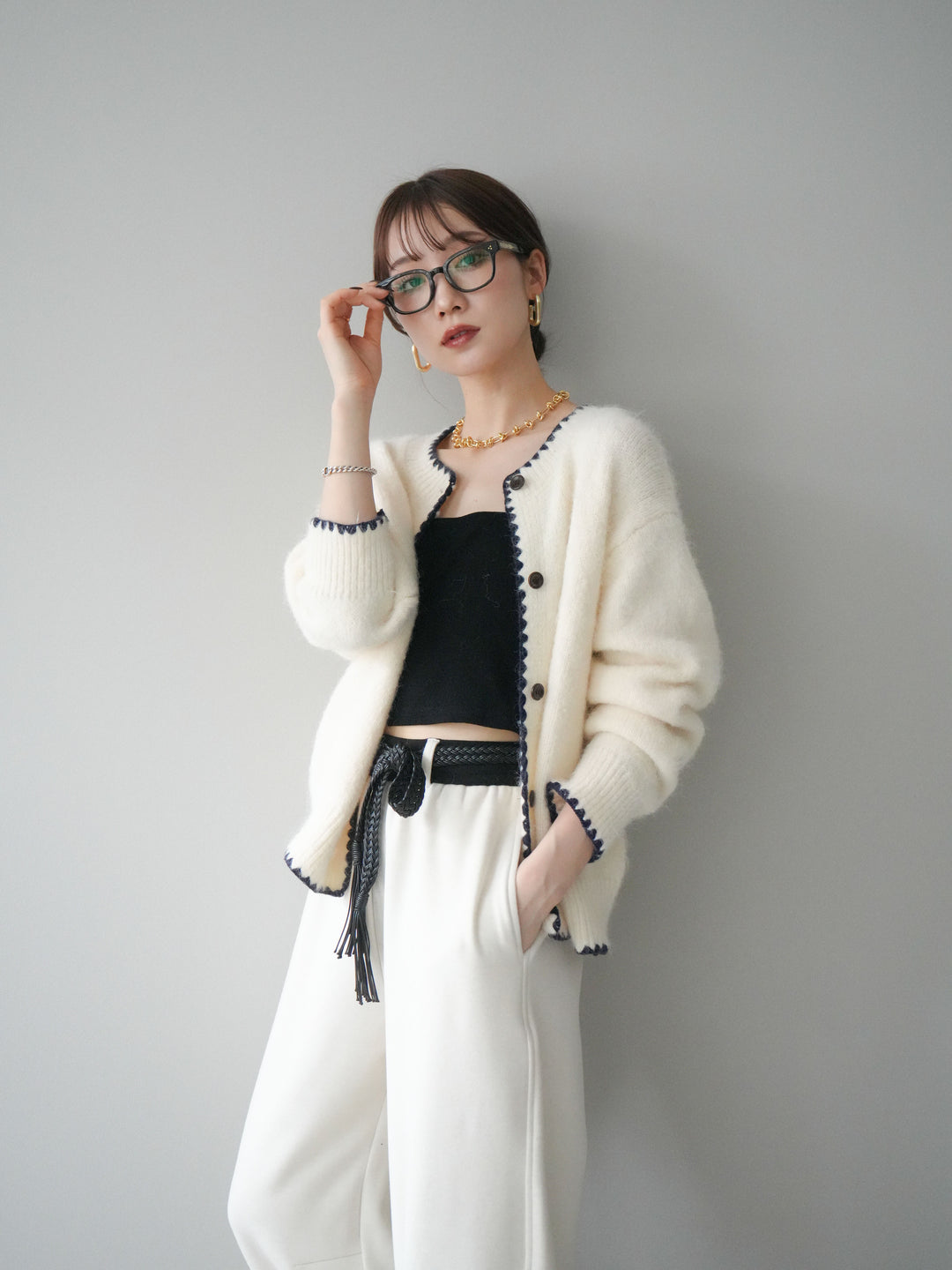 [SET]三角ステッチニットカーディガン+選べるアクセセット(2set)