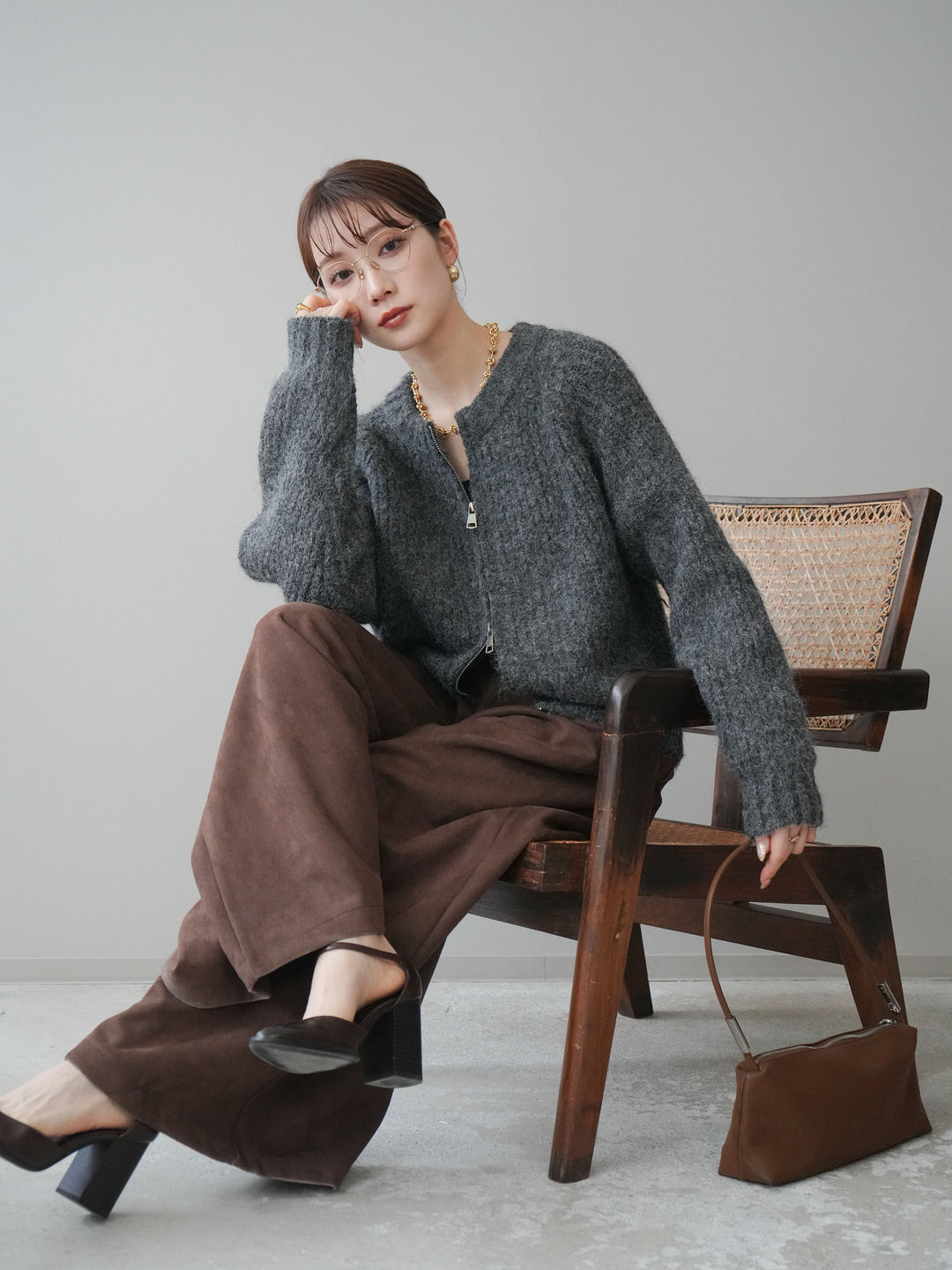 [予約]MIXヤーンモヘアタッチZIPニットカーディガン/gray