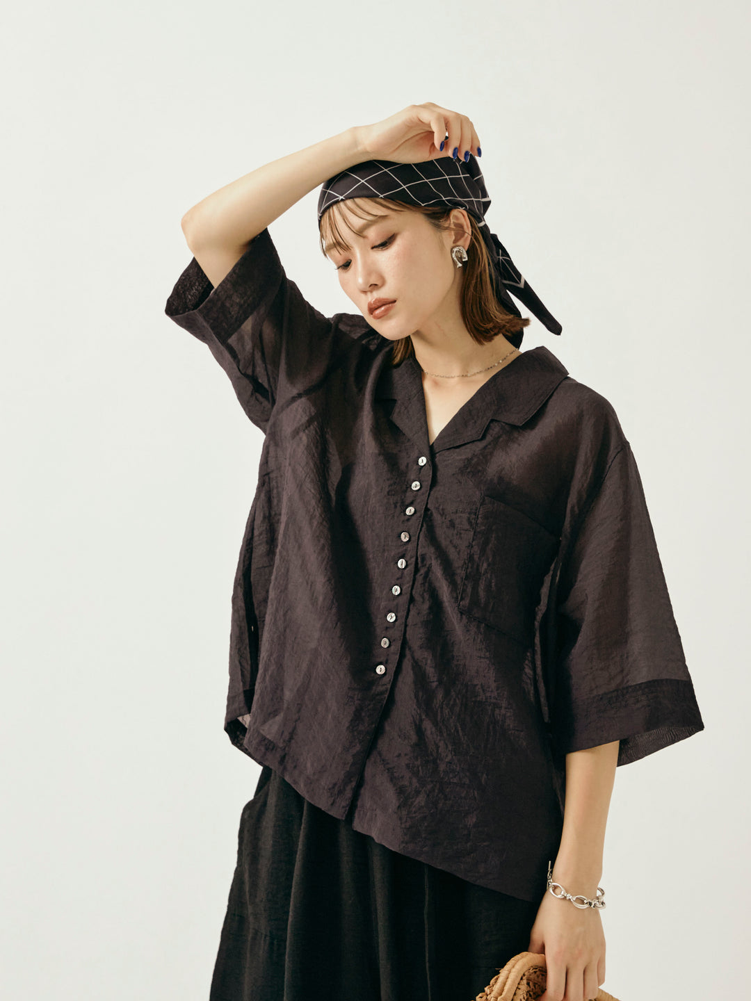 【Allure】[SET]シャイニースラブシアー開襟ハーフシャツ+リネンライクベイカーバルーンパンツ(2set)