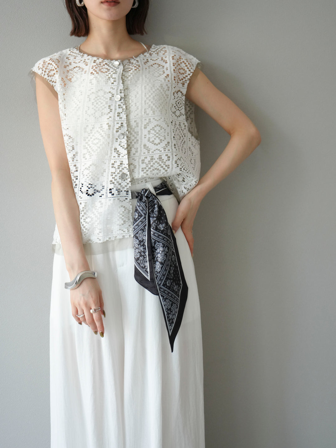 [予約]ブロックレースベスト/オフホワイト