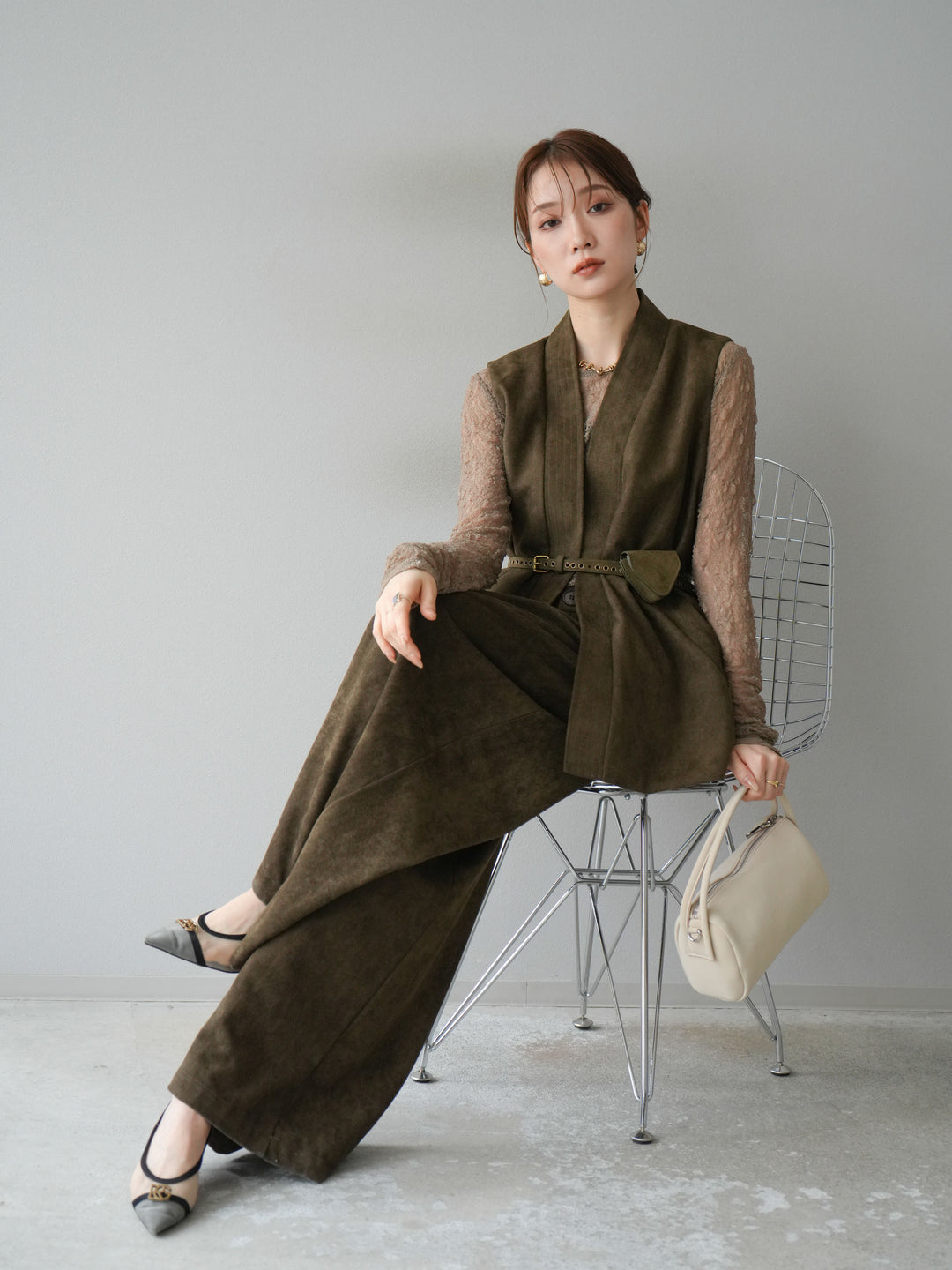 [SET]ポーチベルト付スウェードジレ×パンツSET UP(2set)