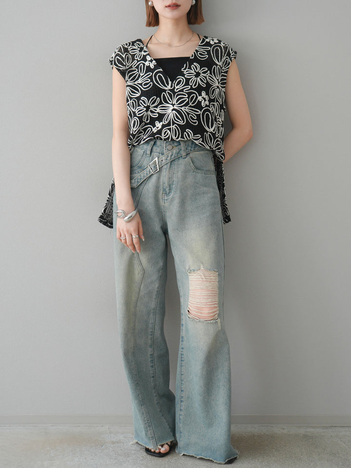 [予約]メッシュコード刺繍ベスト/ブラック