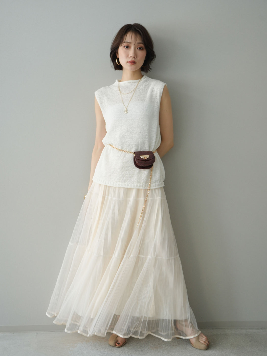 [予約]ラメプリーツレイヤードチュールロングスカート/ivory