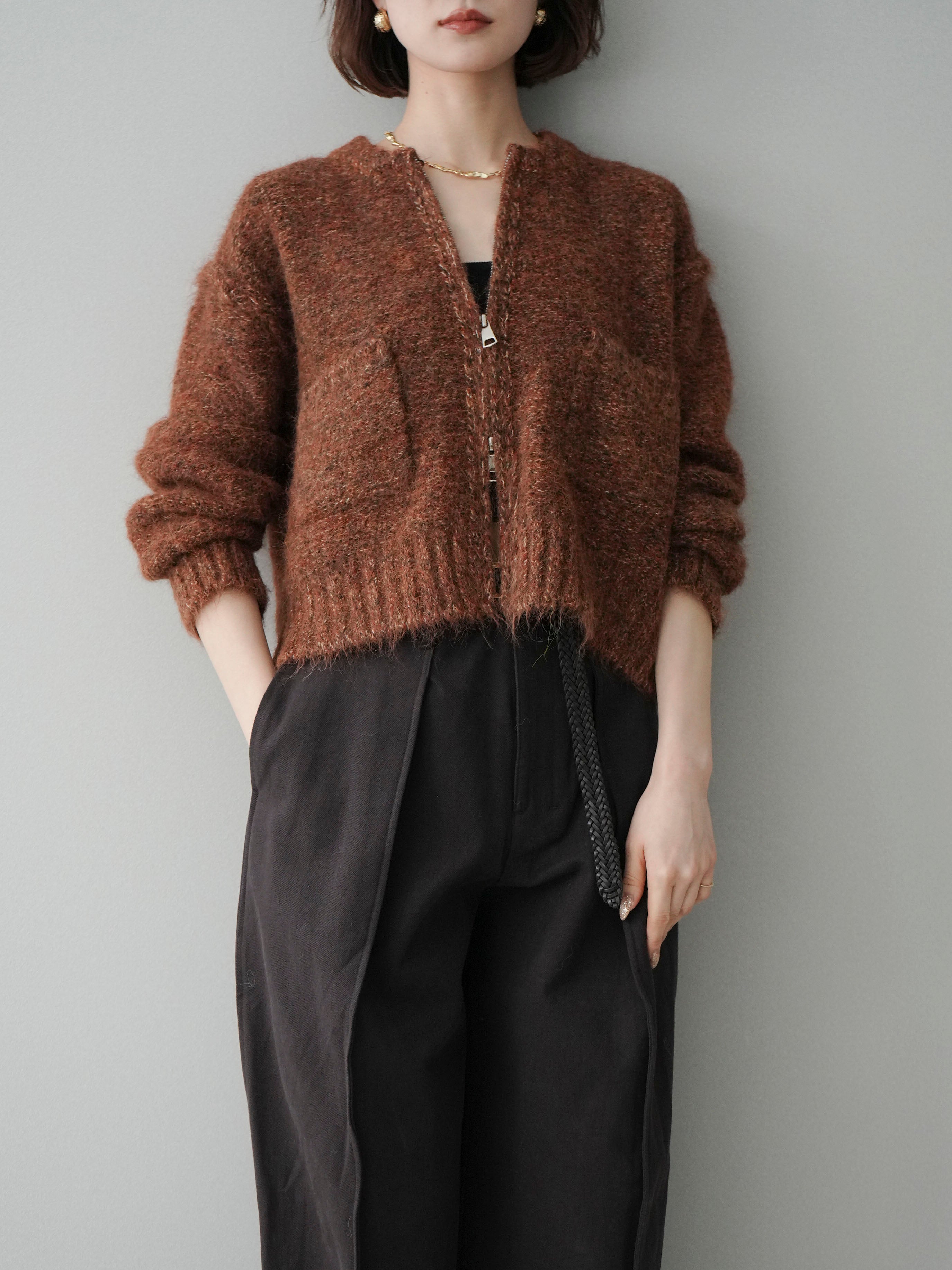 みかんです　ダークブラウン、ブラック2点　ロングカーディガン 予約]ミックスヤーンダブルZIPニットカーディガン/brown – Lumier