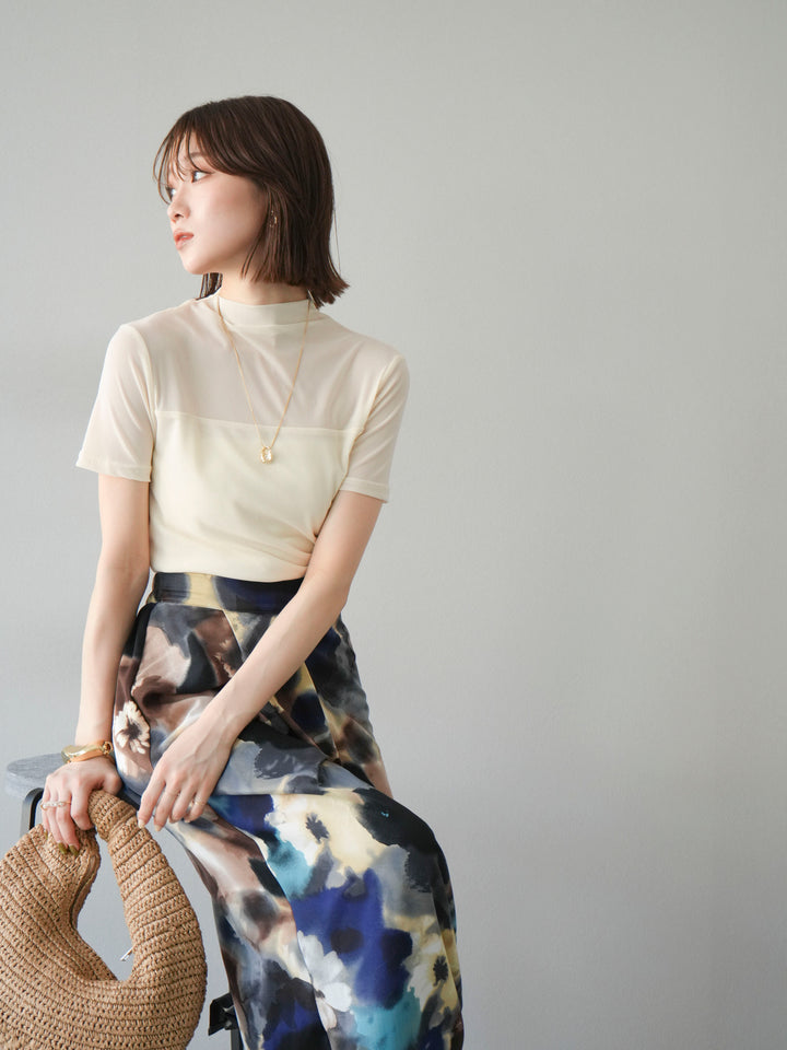 [SET] 透視半袖上衣 + 水彩印花褶襉I字裙 (2set)