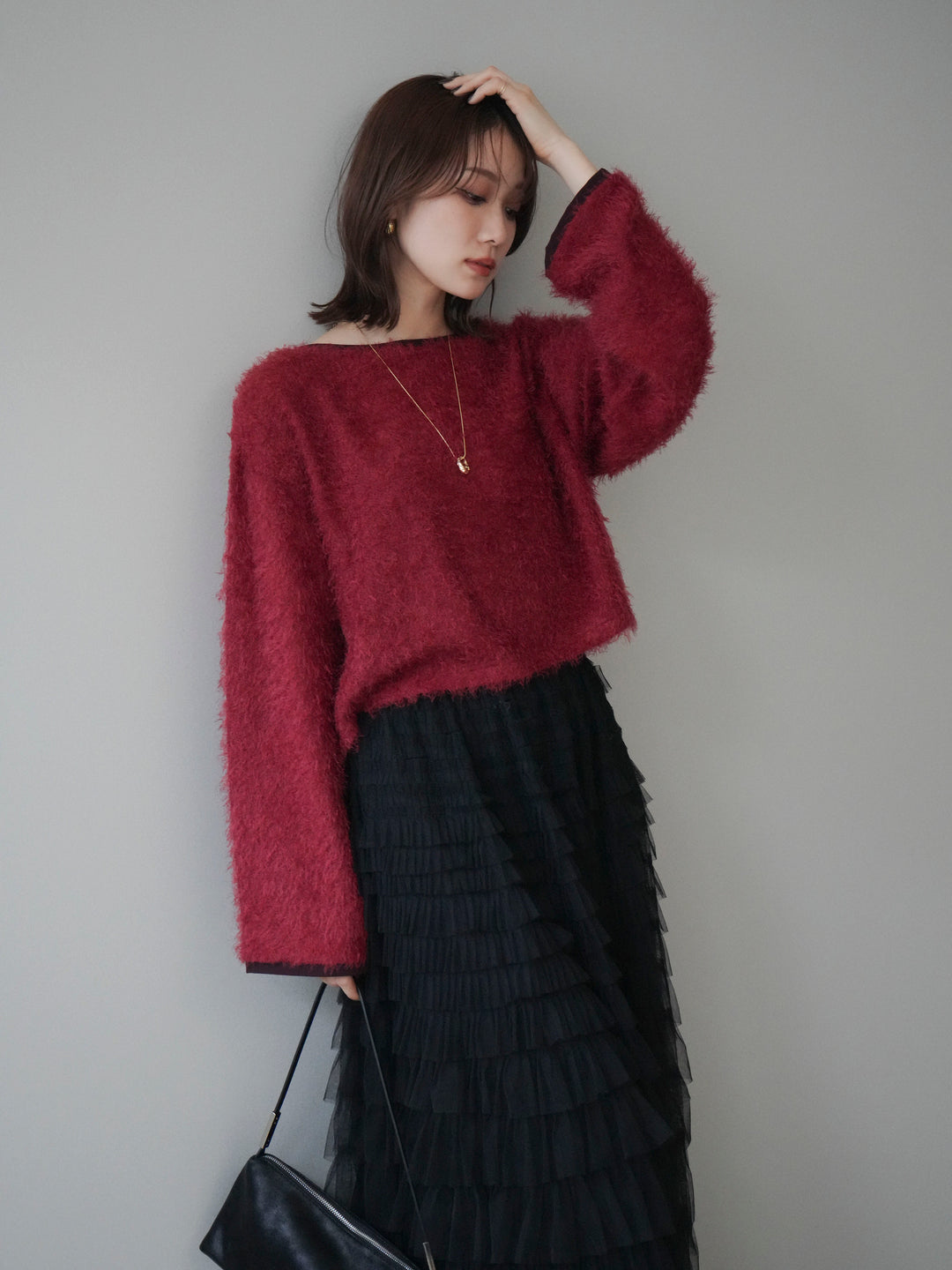 [予約]バイカラー2WAYシャギーニットカーディガン/red