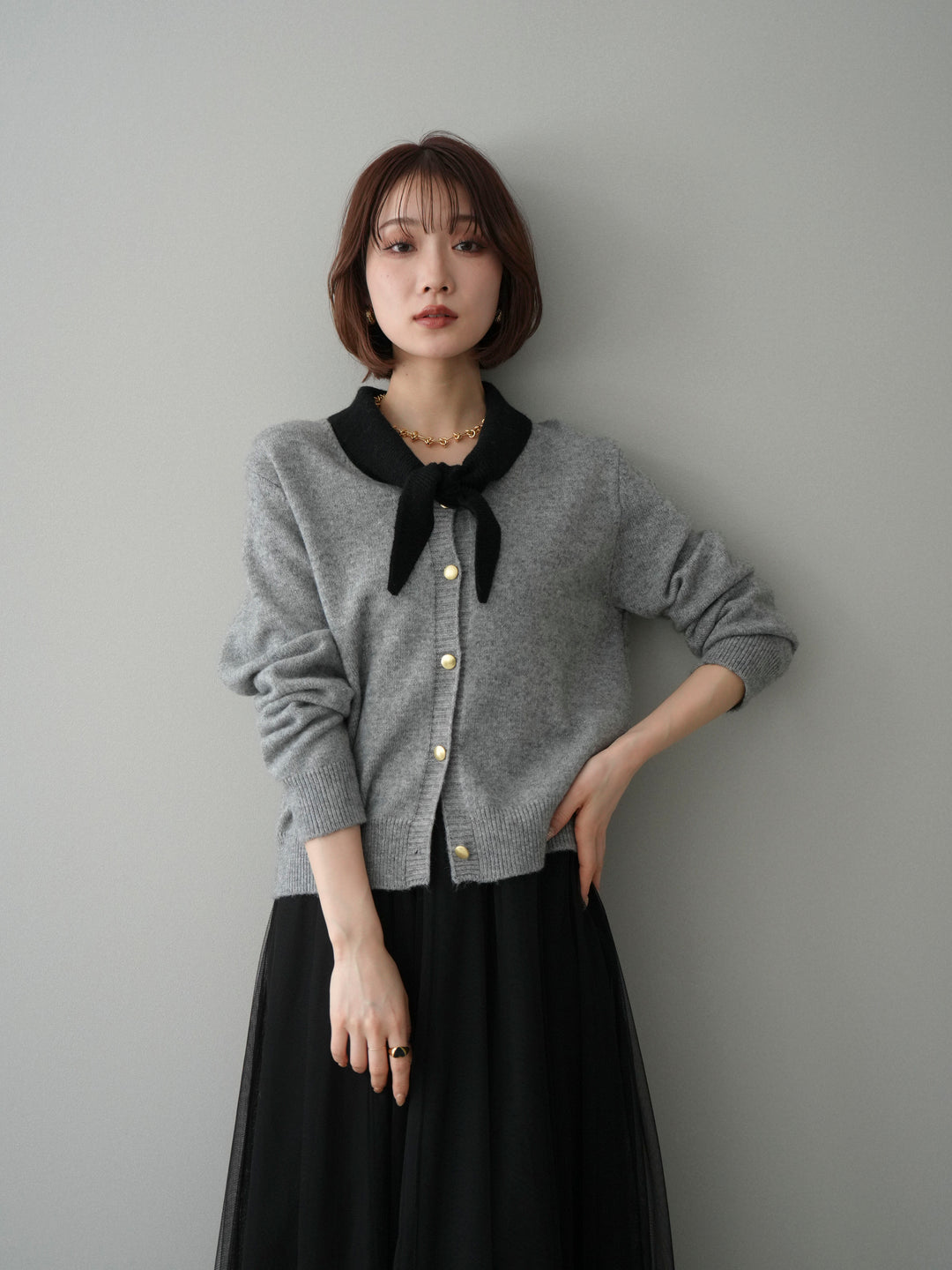 [SET]デザイン襟ニットカーディガン+チュールボリュームスカート(2set)