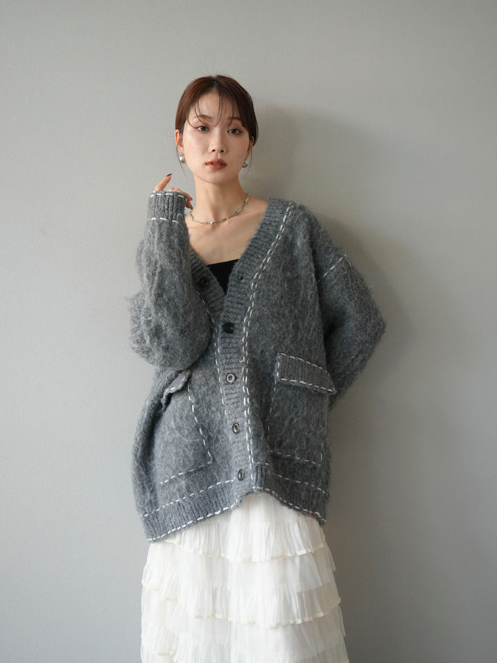 [予約]ステッチVネックニットカーディガン/グレー