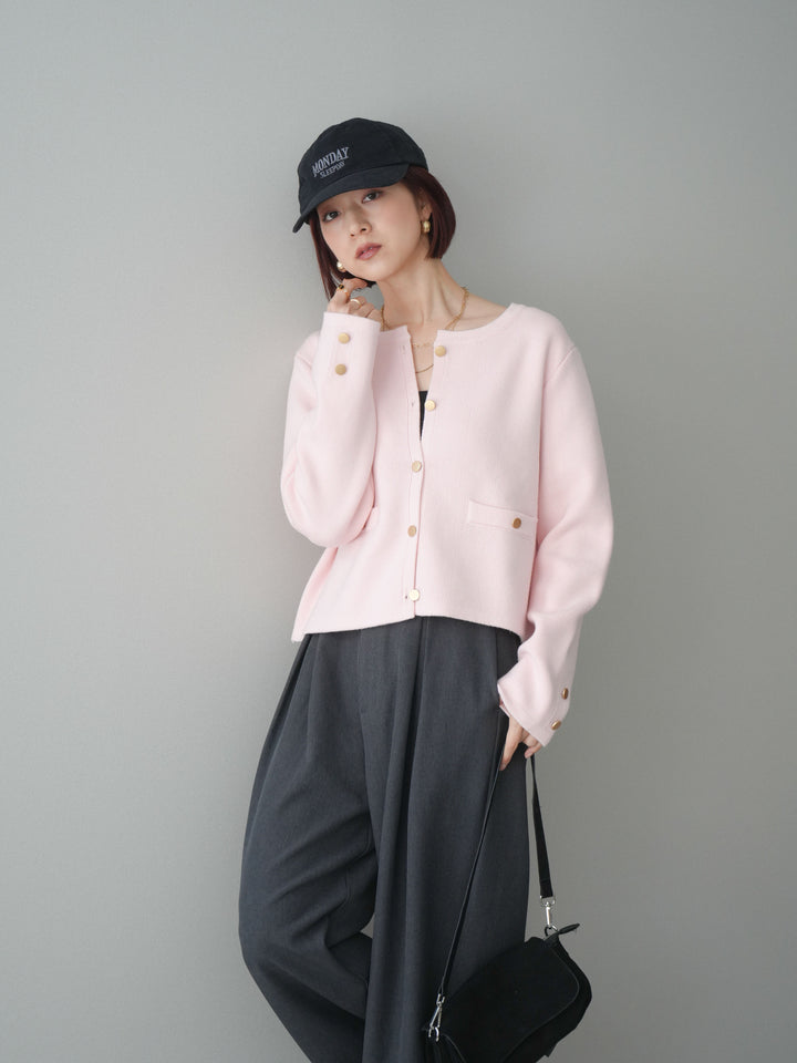 [SET]ゴールドボタンノーカラーニットジャケット+サテンベルトタックワイドパンツ(2set)