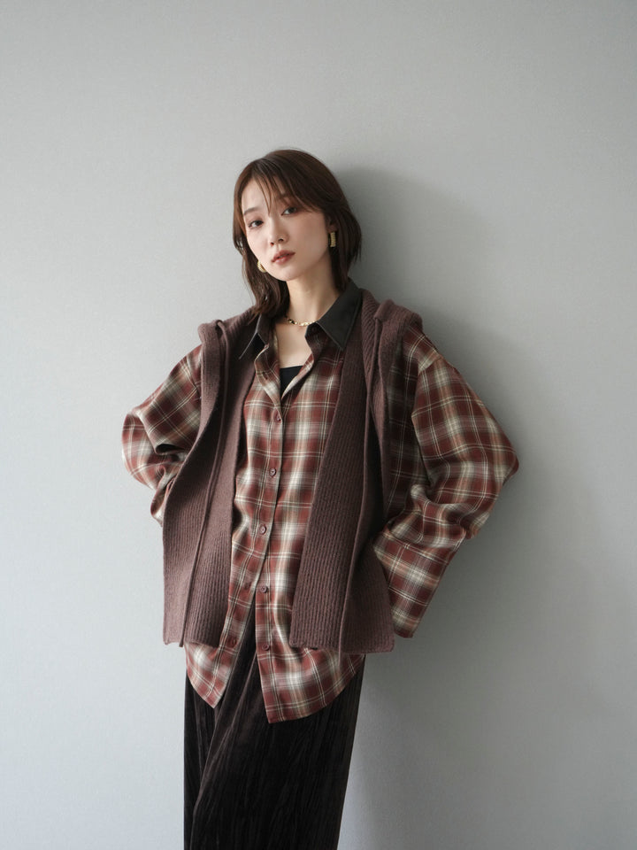 [予約]レザー襟オンブレチェックオーバーシャツ /レッド