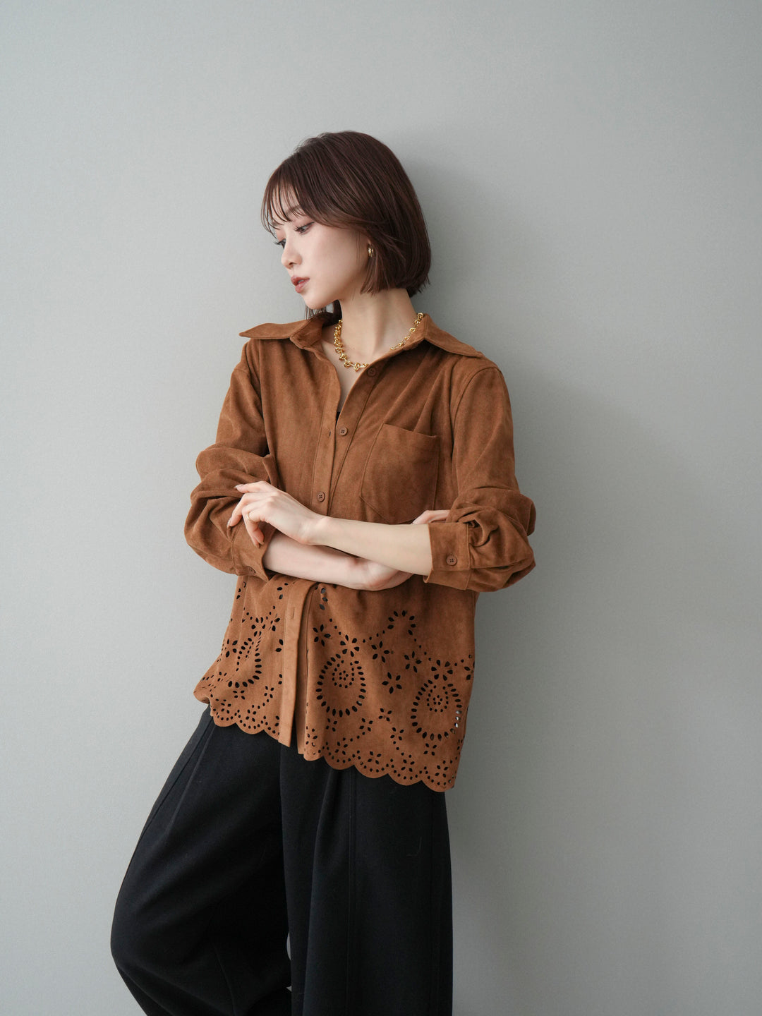 [SET]裾スカラップスエードシャツ+ベルト付起毛コクーンパンツ(2set)