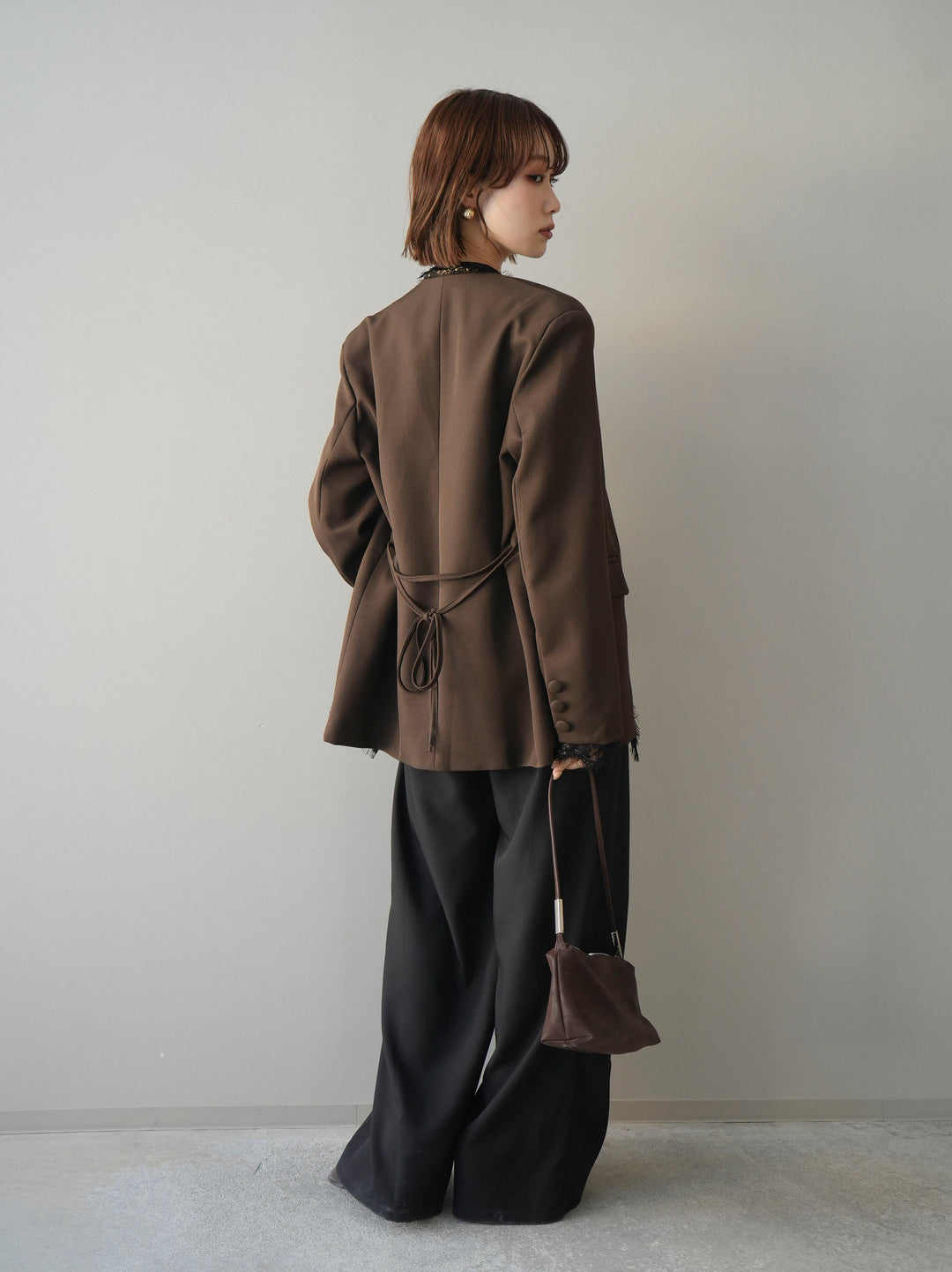 [SET]ノーカラーレースジャケット+ベルト付キーホルダーモチーフワイドパンツ(2set)