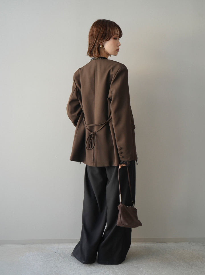 [SET]ノーカラーレースジャケット+ベルト付キーホルダーモチーフワイドパンツ(2set)