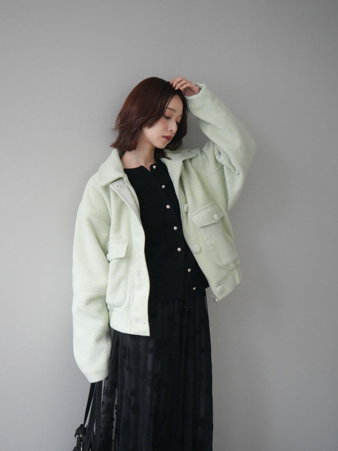 [SET]ウールライクフライトジャケット+フラワーフロッキーチュールプリーツスカート(2set)