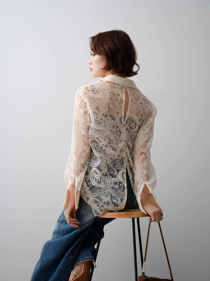【套裝】薄紗佩斯利刺繡長袖襯衫+修身牛仔褲（兩件式）