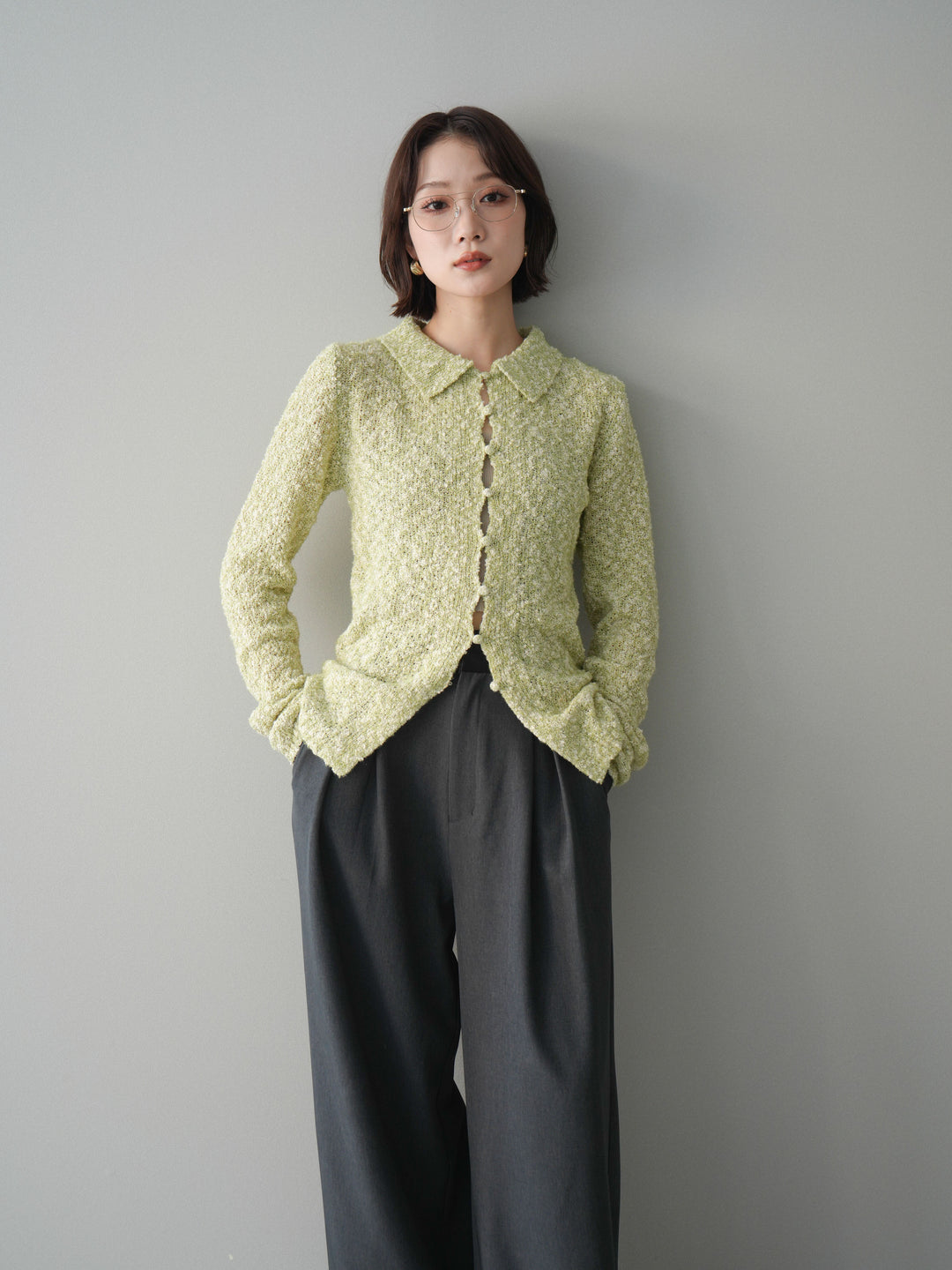 [予約]透かし編みブークレポロニットトップス/green