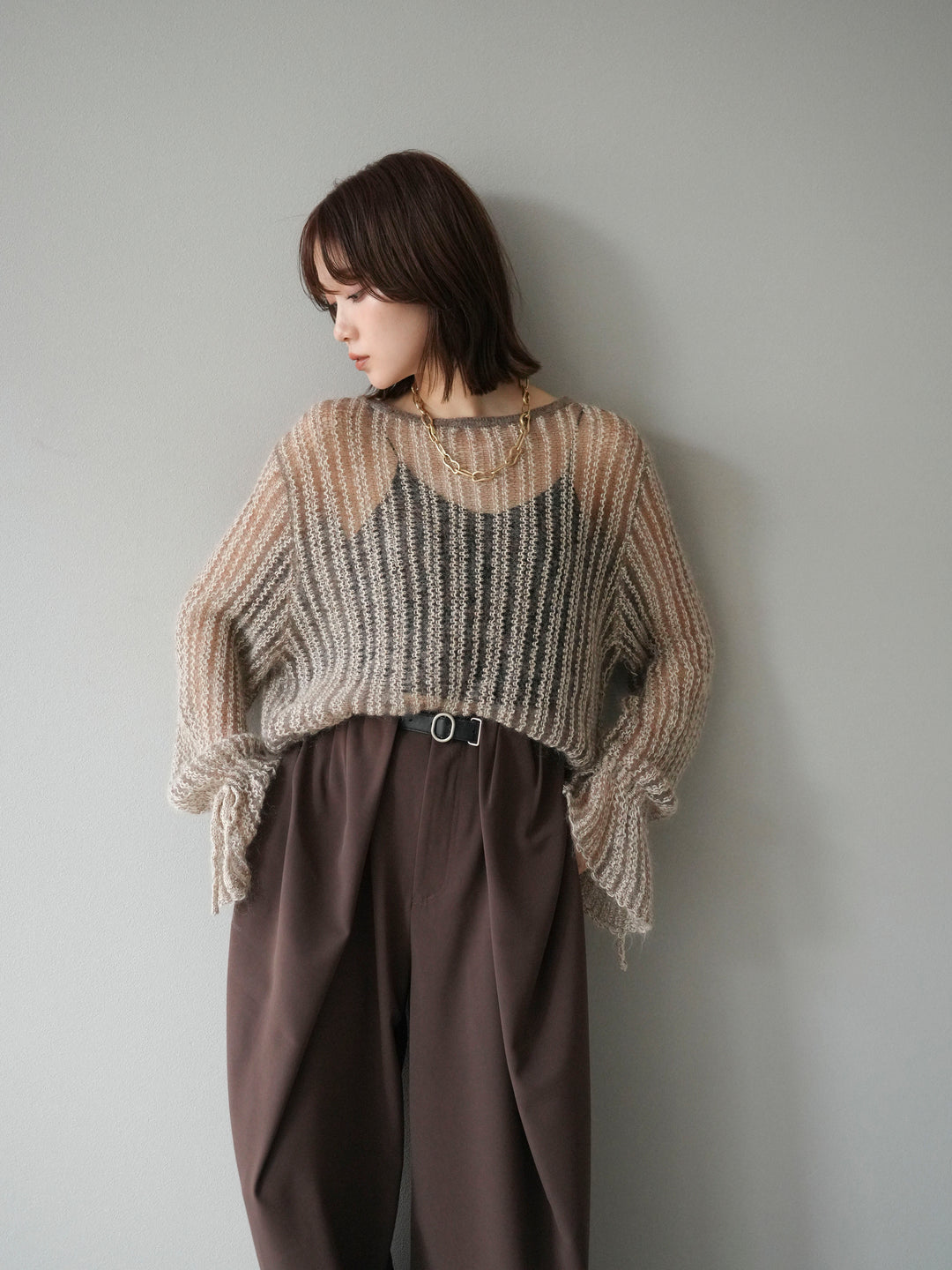 [予約]ストライプメッシュニットプルオーバー/ベージュ