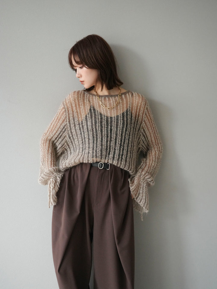 [予約]ストライプメッシュニットプルオーバー/ベージュ