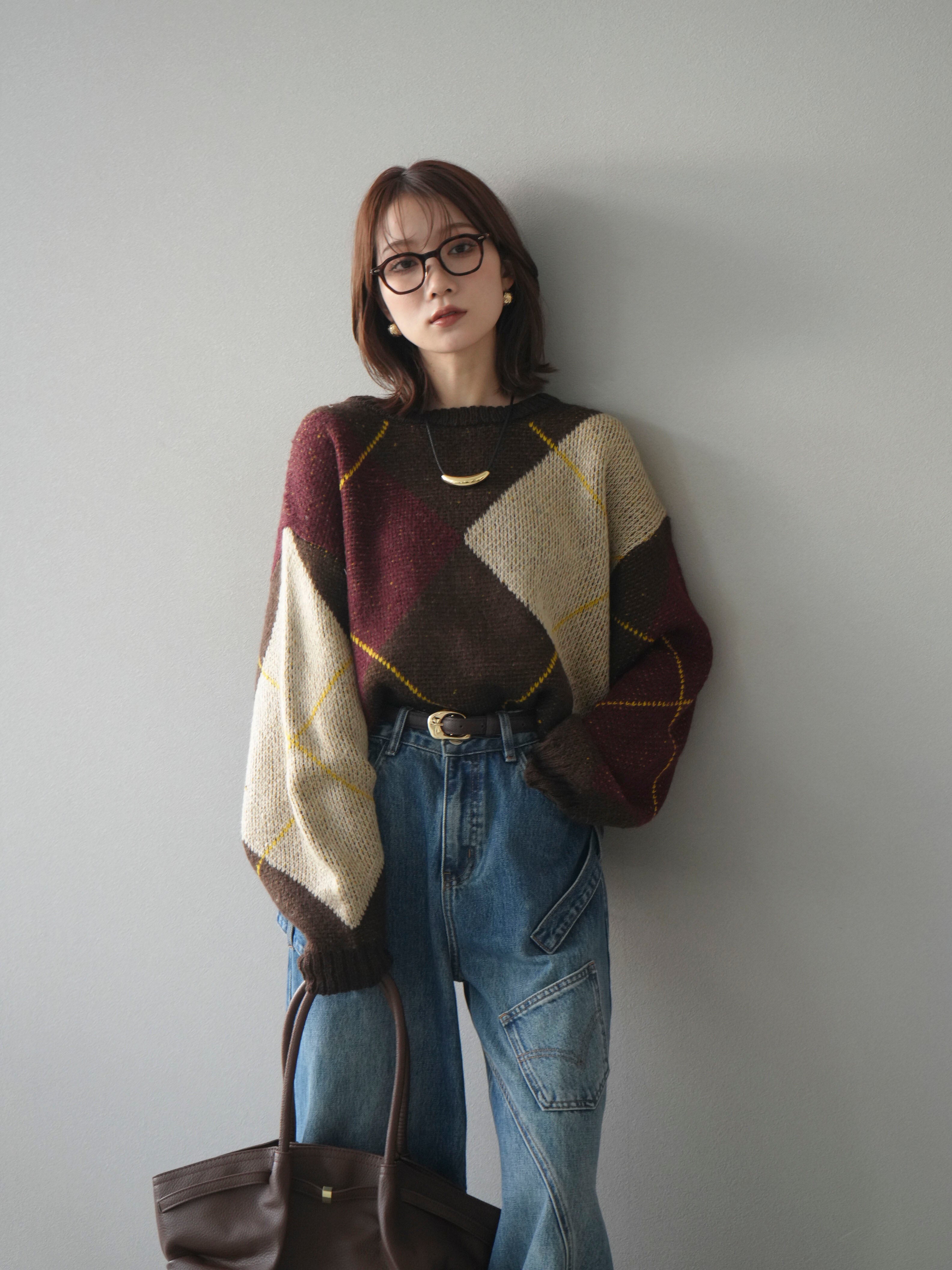 予約]配色ステッチアーガイル柄ニットプルオーバー/brown – Lumier