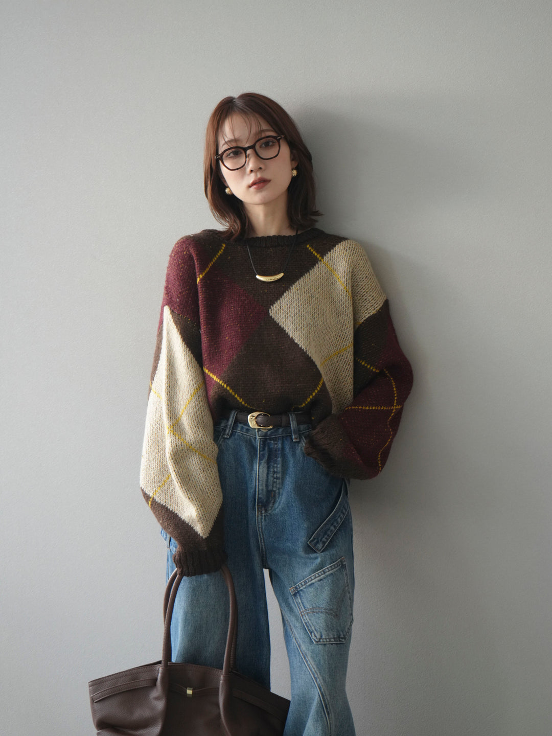 [予約]配色ステッチアーガイル柄ニットプルオーバー/brown