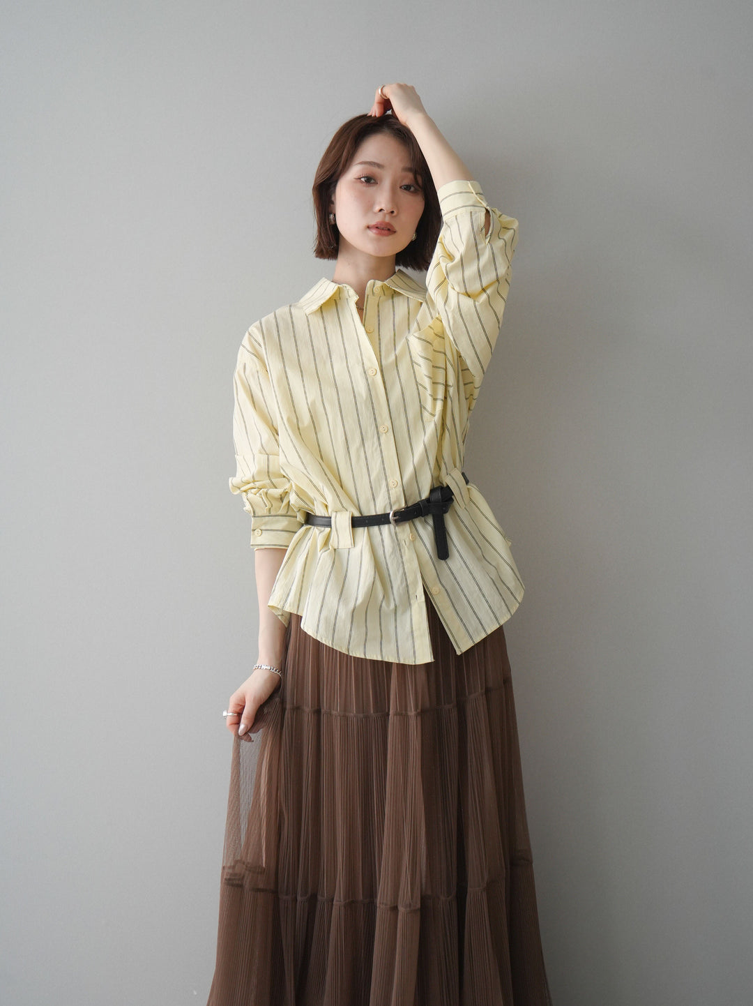 [予約]ベルト付ストライプロングシャツ/yellow